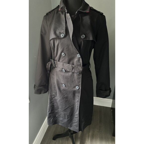 Tommy Hilfiger Belted Trench Coat Black w Navy Lining Size Large Double Breasted - Picture 1 of 8